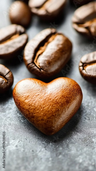 Fototapeta Heart-shaped arrangement of coffee beans on a light surface, symbolizing passion and love for coffee. Space for caption on the side adds room for text or promotional content.

