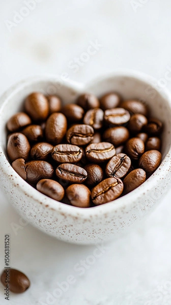 Fototapeta Heart-shaped arrangement of coffee beans on a light surface, symbolizing passion and love for coffee. Space for caption on the side adds room for text or promotional content.

