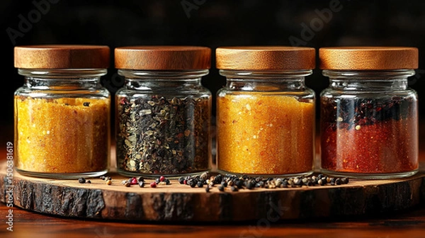 Fototapeta Glass jars filled with a variety of colorful spices and seasonings neatly arranged, showcasing vibrant hues and textures. Represents healthy eating, natural flavor, and culinary inspiration.

