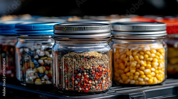Fototapeta Glass jars filled with a variety of colorful spices and seasonings neatly arranged, showcasing vibrant hues and textures. Represents healthy eating, natural flavor, and culinary inspiration.

