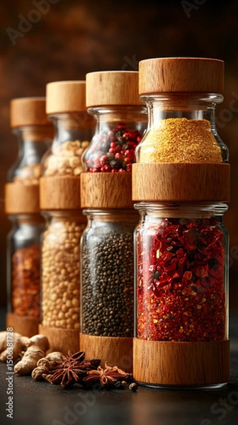Fototapeta Glass jars filled with a variety of colorful spices and seasonings neatly arranged, showcasing vibrant hues and textures. Represents healthy eating, natural flavor, and culinary inspiration.

