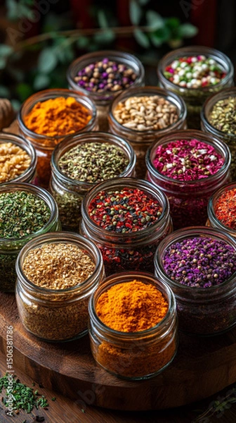 Fototapeta Glass jars filled with a variety of colorful spices and seasonings neatly arranged, showcasing vibrant hues and textures. Represents healthy eating, natural flavor, and culinary inspiration.

