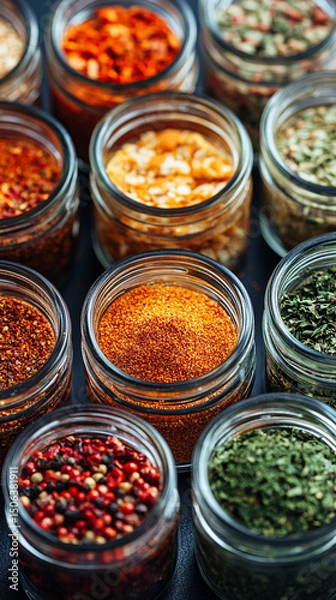 Fototapeta Glass jars filled with a variety of colorful spices and seasonings neatly arranged, showcasing vibrant hues and textures. Represents healthy eating, natural flavor, and culinary inspiration.

