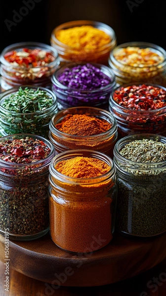 Fototapeta Glass jars filled with a variety of colorful spices and seasonings neatly arranged, showcasing vibrant hues and textures. Represents healthy eating, natural flavor, and culinary inspiration.

