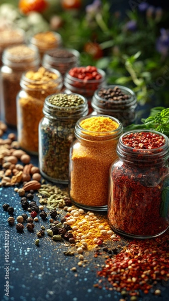 Fototapeta Glass jars filled with a variety of colorful spices and seasonings neatly arranged, showcasing vibrant hues and textures. Represents healthy eating, natural flavor, and culinary inspiration.

