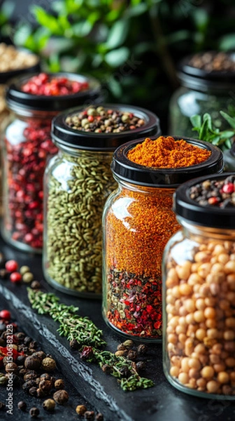 Fototapeta Glass jars filled with a variety of colorful spices and seasonings neatly arranged, showcasing vibrant hues and textures. Represents healthy eating, natural flavor, and culinary inspiration.

