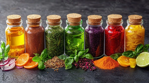 Fototapeta Glass jars filled with a variety of colorful spices and seasonings neatly arranged, showcasing vibrant hues and textures. Represents healthy eating, natural flavor, and culinary inspiration.

