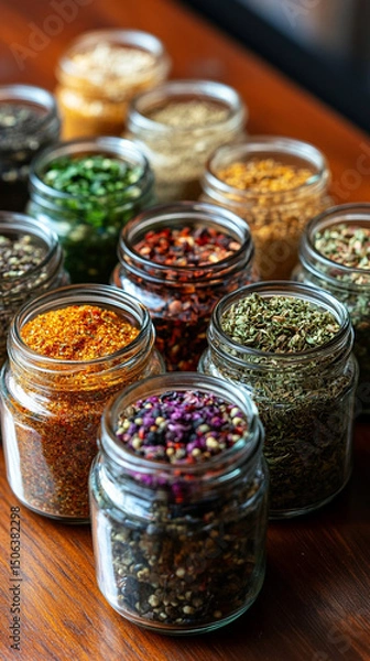 Fototapeta Glass jars filled with a variety of colorful spices and seasonings neatly arranged, showcasing vibrant hues and textures. Represents healthy eating, natural flavor, and culinary inspiration.

