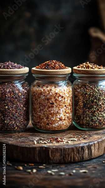Fototapeta Glass jars filled with a variety of colorful spices and seasonings neatly arranged, showcasing vibrant hues and textures. Represents healthy eating, natural flavor, and culinary inspiration.

