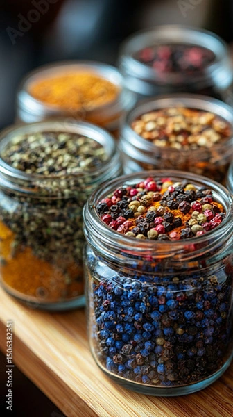 Fototapeta Glass jars filled with a variety of colorful spices and seasonings neatly arranged, showcasing vibrant hues and textures. Represents healthy eating, natural flavor, and culinary inspiration.

