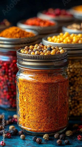 Fototapeta Glass jars filled with a variety of colorful spices and seasonings neatly arranged, showcasing vibrant hues and textures. Represents healthy eating, natural flavor, and culinary inspiration.

