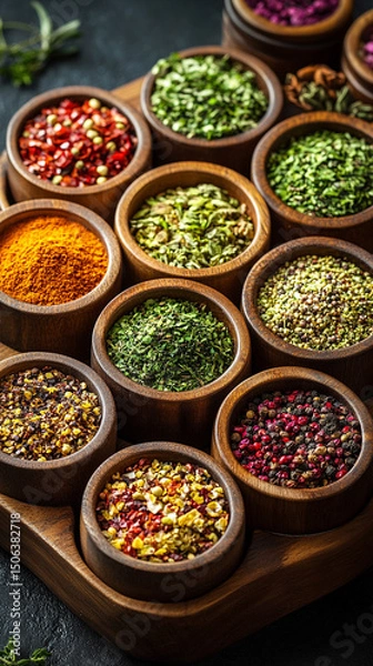 Fototapeta Glass jars filled with a variety of colorful spices and seasonings neatly arranged, showcasing vibrant hues and textures. Represents healthy eating, natural flavor, and culinary inspiration.

