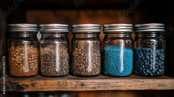 Fototapeta Glass jars filled with a variety of colorful spices and seasonings neatly arranged, showcasing vibrant hues and textures. Represents healthy eating, natural flavor, and culinary inspiration.

