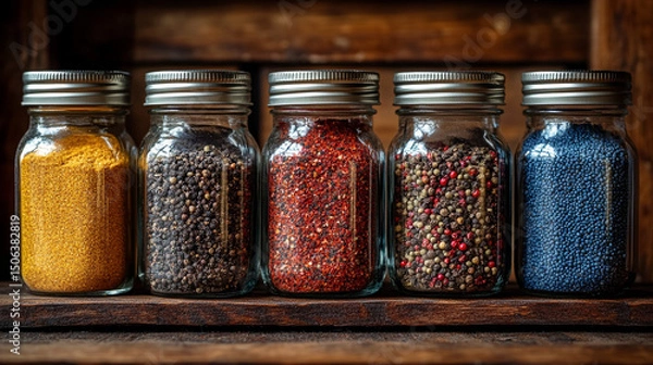 Fototapeta Glass jars filled with a variety of colorful spices and seasonings neatly arranged, showcasing vibrant hues and textures. Represents healthy eating, natural flavor, and culinary inspiration.

