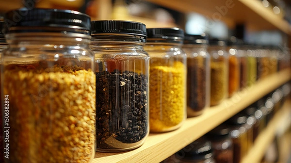 Fototapeta Glass jars filled with a variety of colorful spices and seasonings neatly arranged, showcasing vibrant hues and textures. Represents healthy eating, natural flavor, and culinary inspiration.

