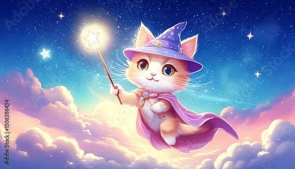 Obraz 魔法使いの猫、星空を飛ぶ猫、ファンタジーの空、魔法の杖と猫、かわいい魔法使い、雲の上の冒険、星と猫のイラスト、夢の中の魔法、幻想的な夜空、空を舞う猫