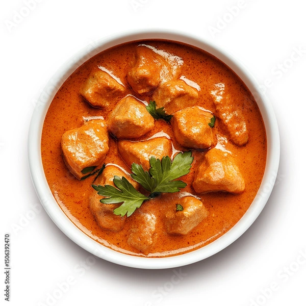 Fototapeta Chicken curry butter chicken in plate top view isolated on white background. Butter chicken curry with parsley in plate. 