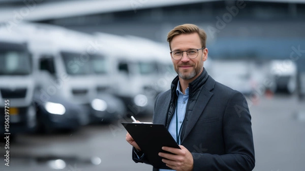 Fototapeta Confident manager holding clipboard standing in front of parked trucks at dealership representing fleet sales and management operations. 