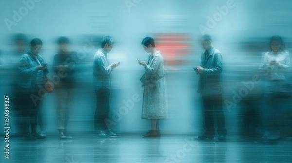 Obraz Blurred Connection: A group of individuals stands engrossed in their devices. The scene evokes a sense of digital absorption and the blurring of boundaries between the physical and digital realms. 