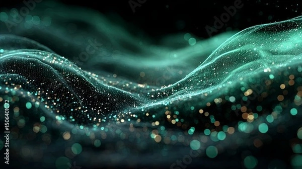 Obraz Futuristic technology background with dynamic flowing particle lines in oceanic green gradient, showcasing advanced high-tech conference visual concept with uniform particle distribution