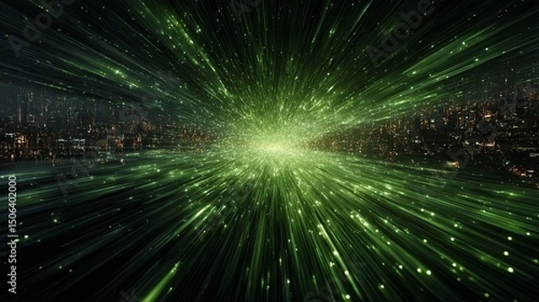 Obraz Futuristic technology background with dynamic flowing particle lines in oceanic green gradient, showcasing advanced high-tech conference visual concept with uniform particle distribution