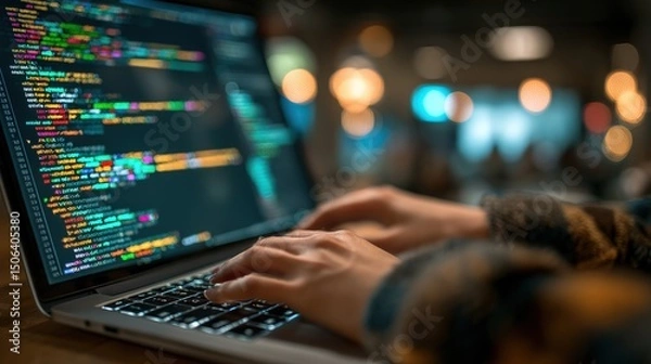 Obraz Coding in action: A close-up view of hands intently typing on a laptop, the screen illuminated with lines of code, a testament to the world of technology and programming. . Ai image