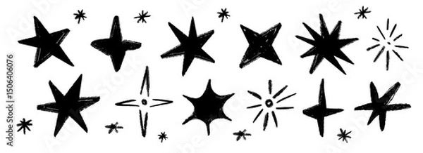 Obraz Black crayon hand drawn stars and sparkles set. Childish doodle sparks collection. Grunge rough brush stroke shine element pack for collage, poster, sticker, label. Kid sketched pencil symbols. Vector
