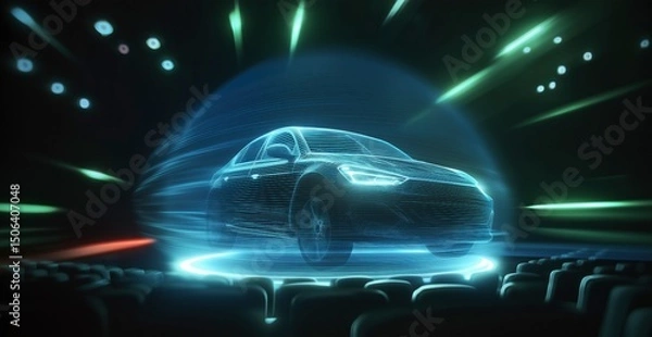 Fototapeta Futuristic Car Hologram Projection on a Glowing Platform - Automotive Technology Presentations, Virtual Reality Concepts, Digital Design Showcases, Future Mobility, Technological Backgrounds