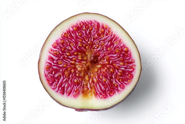 Fototapeta A slice of a red and yellow fruit with a white background. The fruit is a fig. The slice is cut in half, revealing the seeds and the juicy red flesh. Concept of freshness and natural beauty
