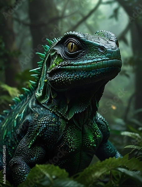 Fototapeta A vibrant, digital illustration showcases a large lizard, likely a species of iguana, with a striking teal-green hue. 