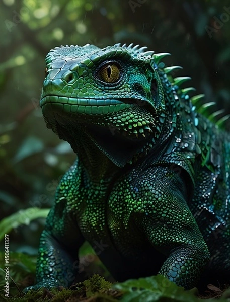 Fototapeta A vibrant, digital illustration showcases a large lizard, likely a species of iguana, with a striking teal-green hue. 