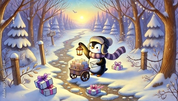 Obraz A heartwarming storybook-style illustration of a small penguin mail carrier delivering glowing letters and ribbon-wrapped parcels in a melting snowy forest on a gentle spring day