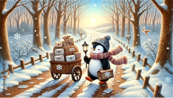 Obraz A Small Penguin Mail Carrier Delivers Magical Letters Through a Melting Snowy Forest on a Warm Spring Day