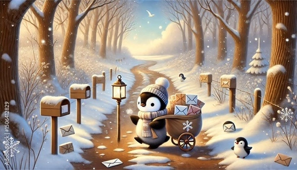 Fototapeta A Small Penguin Mail Carrier Travels Through a Melting Snowy Forest, Delivering Enchanted Letters Under a Soft Spring Sky
