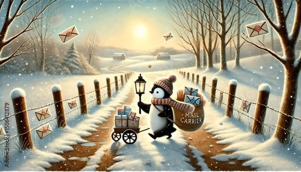Fototapeta A Small Penguin Mail Carrier Travels Along a Melting Snowy Path, Delivering Enchanted Letters in a Gentle Spring Breeze