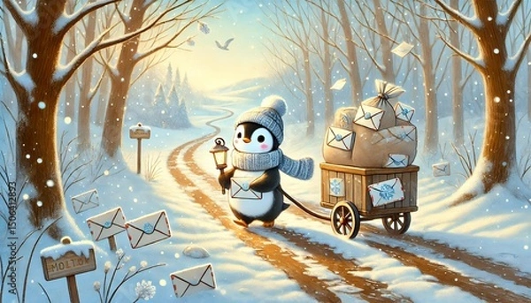 Fototapeta A Small Penguin Mail Carrier Ventures Through a Snowy Forest Path, Delivering Enchanted Letters in the Soft Glow of Spring