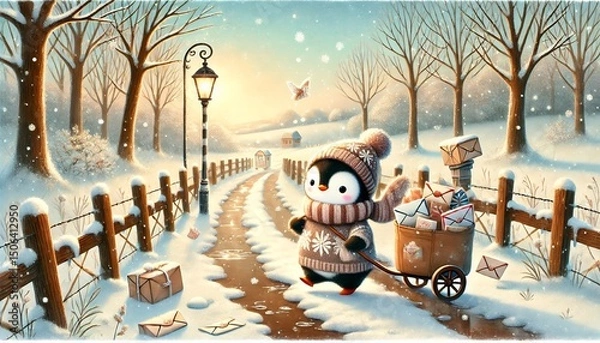Fototapeta A Small Penguin Mail Carrier Walks a Snowy Path, Delivering Magical Letters in the Gentle Glow of a Spring Morning