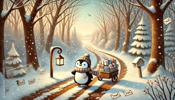 Fototapeta A Small Penguin Mail Carrier Journeys Through a Melting Snowy Path, Delivering Enchanted Letters as Spring Unfolds