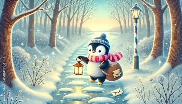 Obraz A heartwarming storybook-style illustration of a small penguin mail carrier walking along a thawing path in a quiet spring forest, carrying glowing parcels and letters under a pastel sky