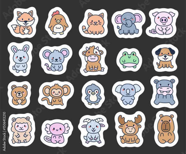 Fototapeta Cute animal character set with fox, chicken, cat, elephant, pig, rabbit, rat, cow, frog, dog, bear, monkey, penguin, koala, hippopotamus, sheep.