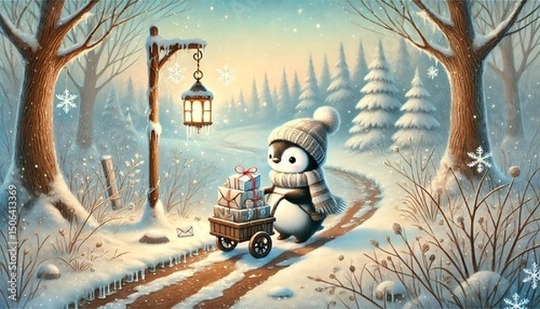 Fototapeta A heartwarming, storybook-style illustration of a penguin mail carrier journeying through a serene, snow-melting spring forest, delivering glowing letters and parcels under a pastel-colored sky