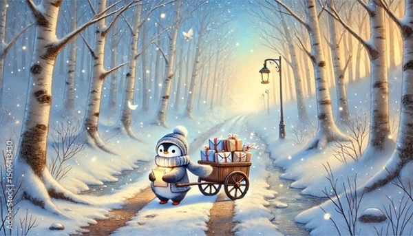 Fototapeta A heartwarming storybook-style illustration of a small penguin mail carrier journeying through a serene spring forest, delivering glowing letters and magical parcels along a melting snow-covered path