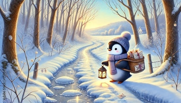 Fototapeta A small penguin postman in a cozy winter outfit carries a glowing lantern and a bag full of letters, traveling along a thawing snow-covered path in a tranquil forest at sunrise