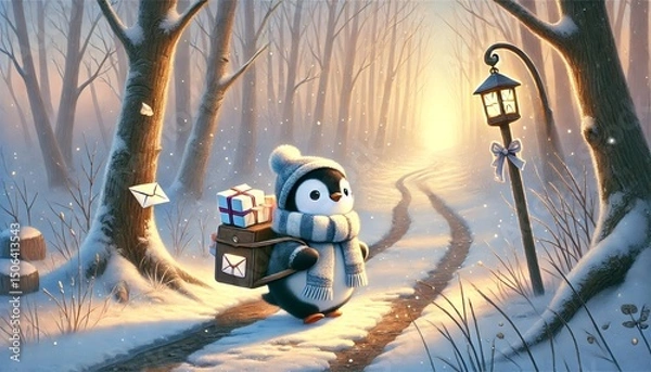Fototapeta A gentle penguin postman walks through a dreamy, snow-covered forest path at twilight, delivering letters and gifts under the soft glow of lantern light