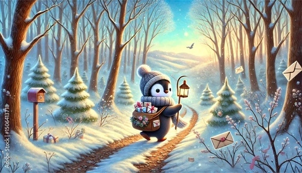Fototapeta A warm-hearted penguin mail carrier journeys through a snow-covered forest, delivering glowing letters and gifts along a winding path bathed in golden light