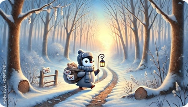 Fototapeta A Delightful Penguin Mail Carrier Braving a Snowy Enchanted Forest at Dawn, Carrying Letters and a Lantern Towards the Glowing Sunrise