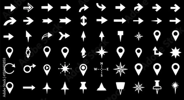 Obraz 50+ White Arrow Location Compass Icons on Black Background