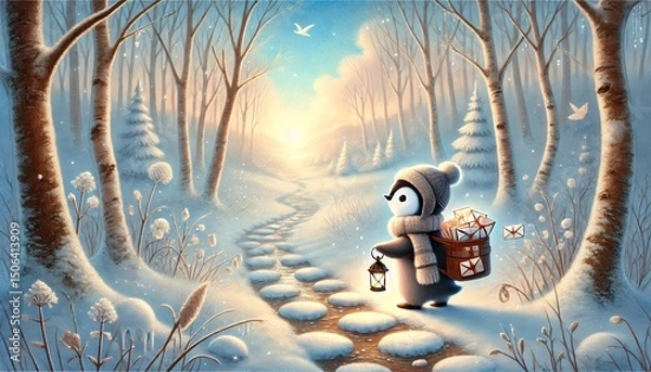 Fototapeta A Warmhearted Penguin Mail Carrier Strolling Along a Snowy Path at Sunrise, Holding a Lantern and Carrying Letters Through a Serene Winter Forest