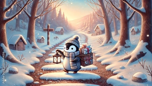 Obraz A whimsical illustration of a tiny penguin mail carrier journeying through a melting snow-covered forest under a soft spring sky, delivering glowing letters and parcels to a distant village