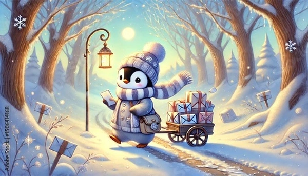 Fototapeta A Delightful Penguin Mail Carrier Pulls a Cart of Glowing Letters and Packages Along a Snow-Melting Forest Path on a Sunny Day, Welcoming the Gentle Arrival of Spring